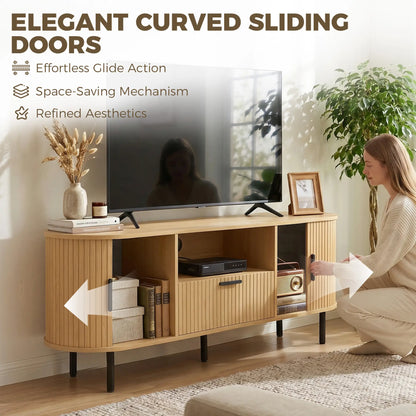 TV Stand for TVs up to 60", Modern Entertainment Center with Curved Sliding Doors and Storage, Natural Wood TV Stands at Gallery Canada