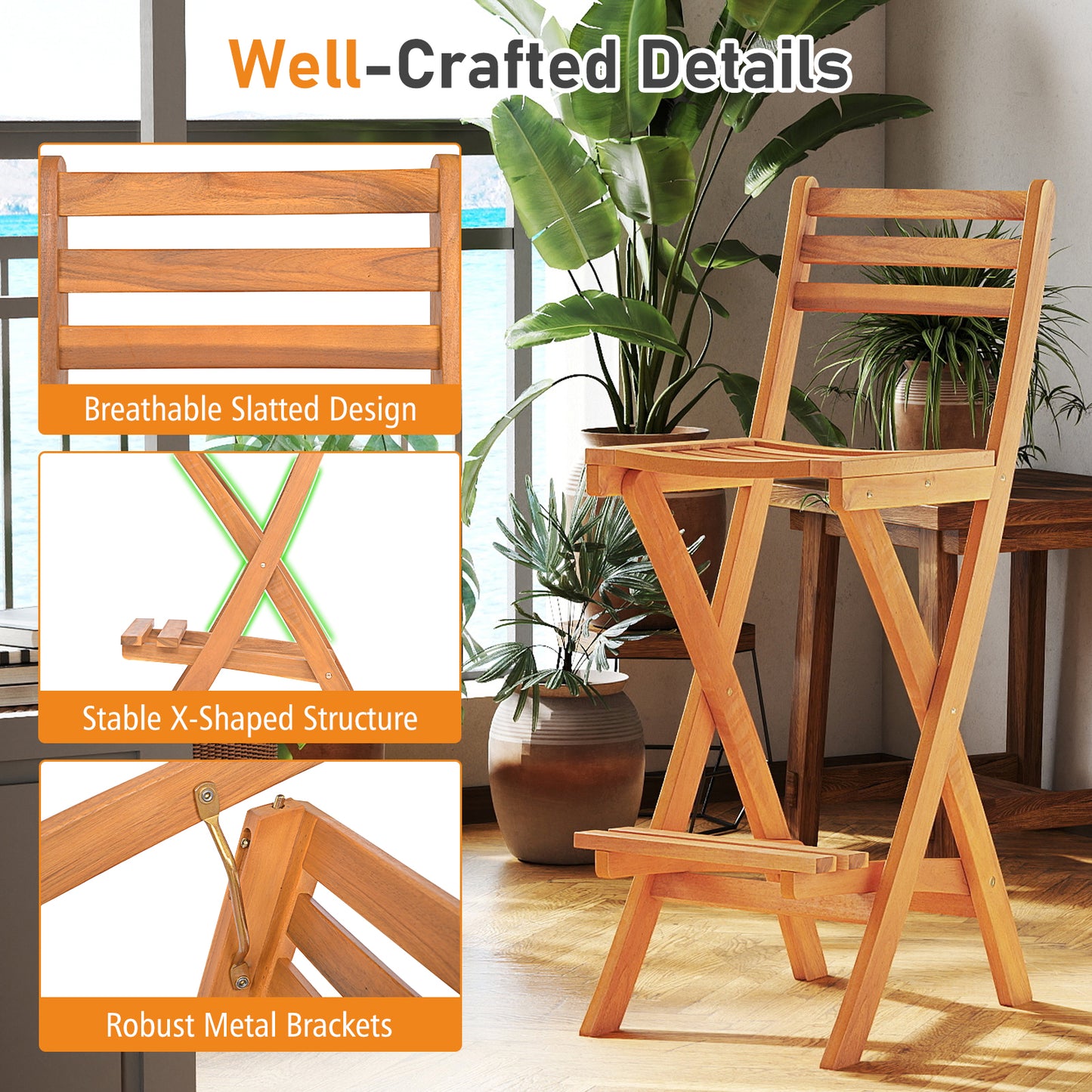 Acacia Wood Bar Height Chair with Backrest and Footrest for Backyard-1pcs Bar Stools at Gallery Canada