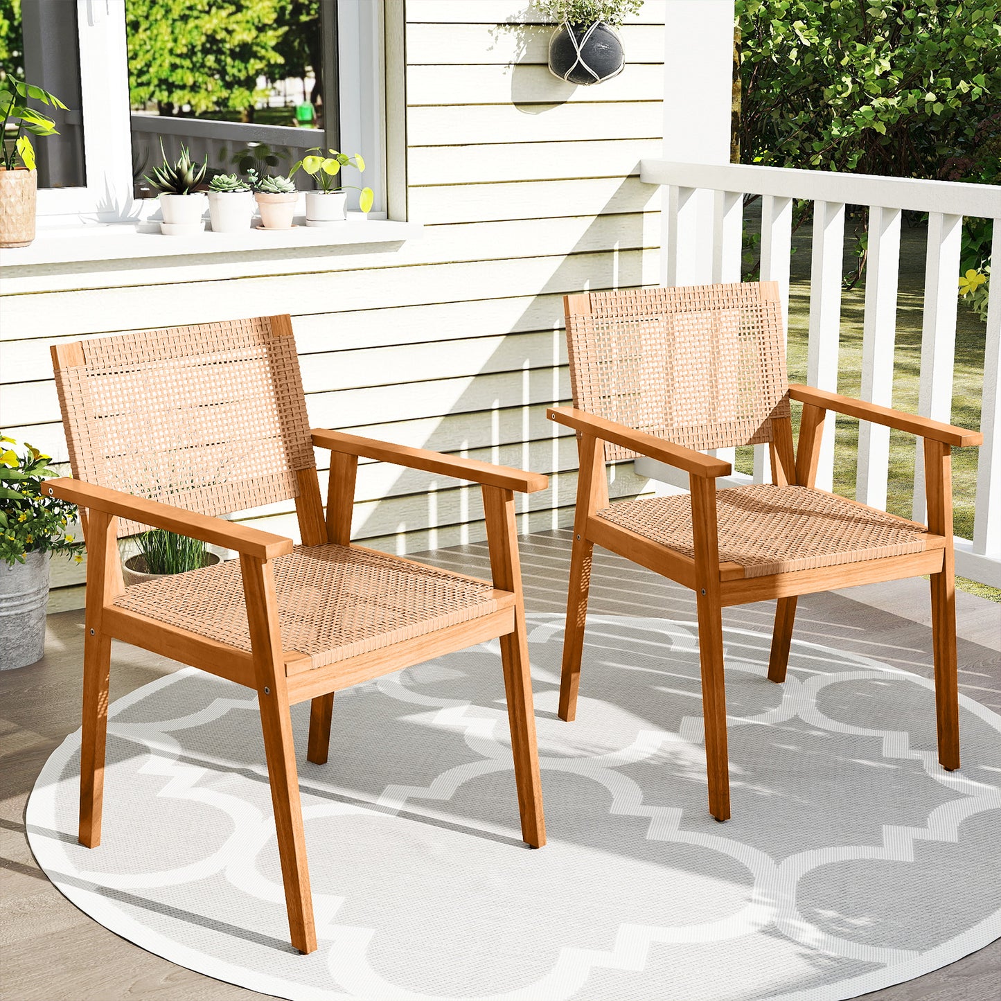 Acacia Wood Outdoor Dining Chairs Set of 2 PE Rattan Patio Chairs with Backrests and Armrests Patio Dining Chairs at Gallery Canada