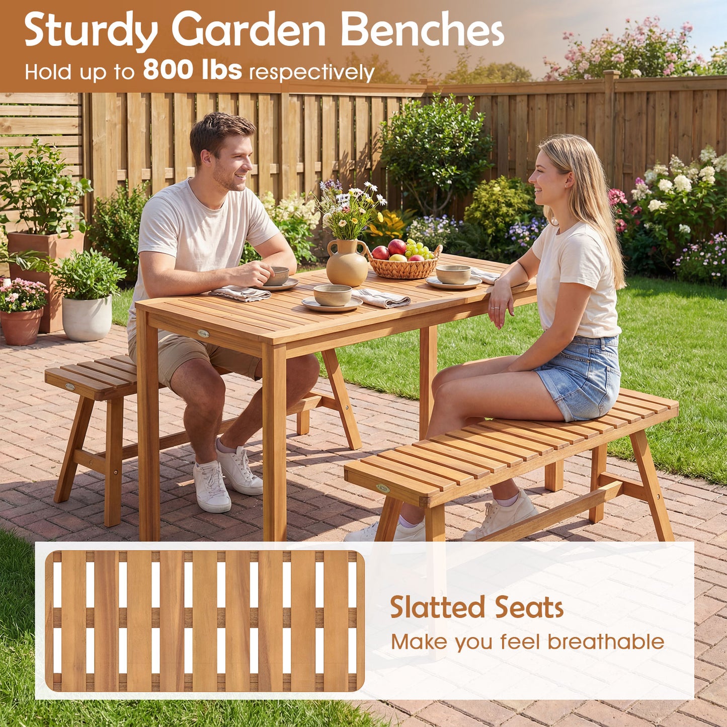 Acacia Wood Outdoor Garden Bench Set of 1/2 with Slatted Seat and 800 lbs Capacity-Set of 2 Outdoor Benches at Gallery Canada