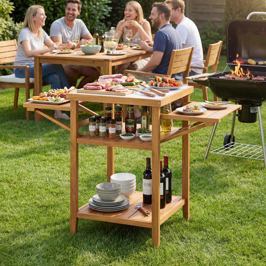 Acacia Wood Outdoor Grill Table, Faux Marble Top, Drop Leaf Panels, Natural Camping Furniture Natural at Gallery Canada