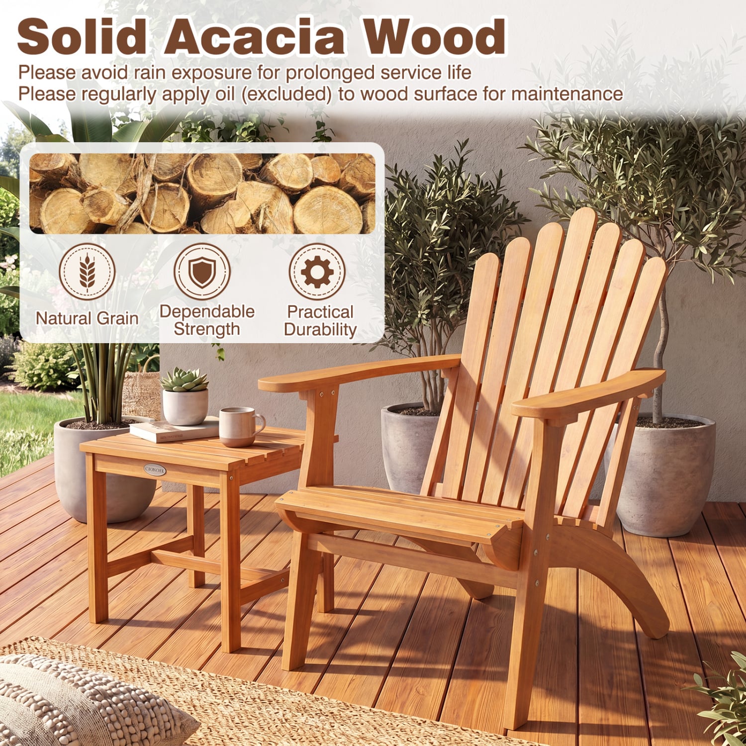 Acacia Wood Outdoor Patio Chair with 400 lbs Weight Capacity, Natural Patio Rocking Chairs & Gliders at Gallery Canada