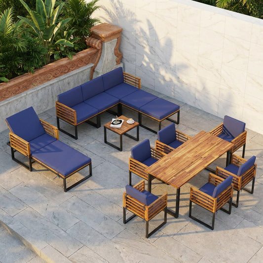 Acacia Wood Patio Furniture Set-Lounge Chair Conversation Sofa Set & Dining Table Set, Navy Patio Furniture Sets Navy at Gallery Canada