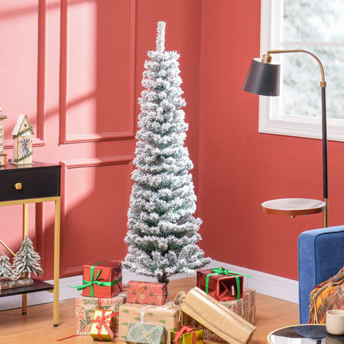 5ft Flocked Pencil Christmas Tree, Realistic Tips, Green
