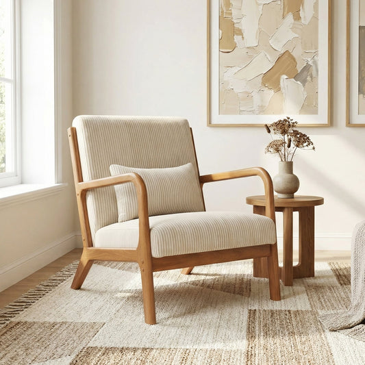 Accent Chair Corduroy Upholstered Lounge Chair with Lumbar Pillow, Beige Accent Chairs Beige at Gallery Canada