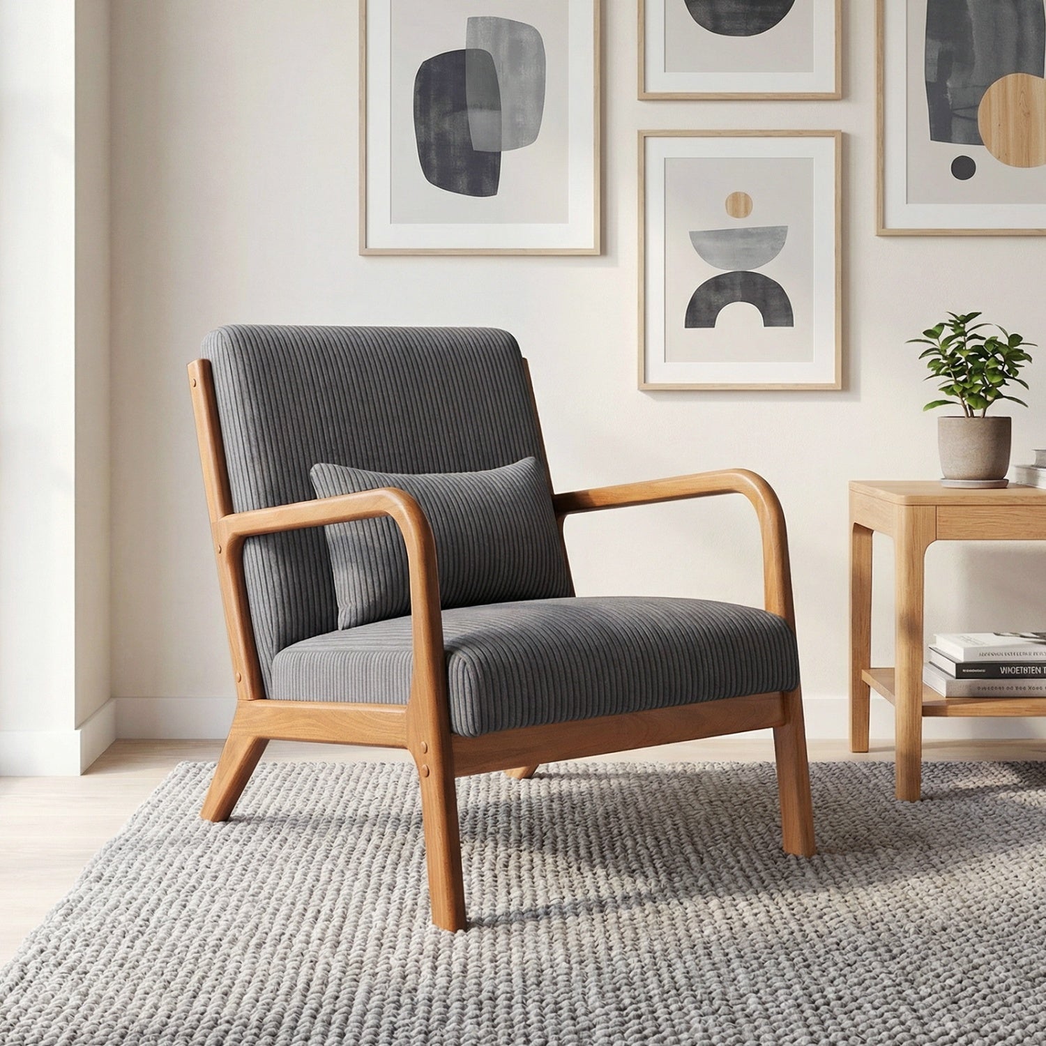 Accent Chair Corduroy Upholstered Lounge Chair with Lumbar Pillow, Gray Accent Chairs at Gallery Canada