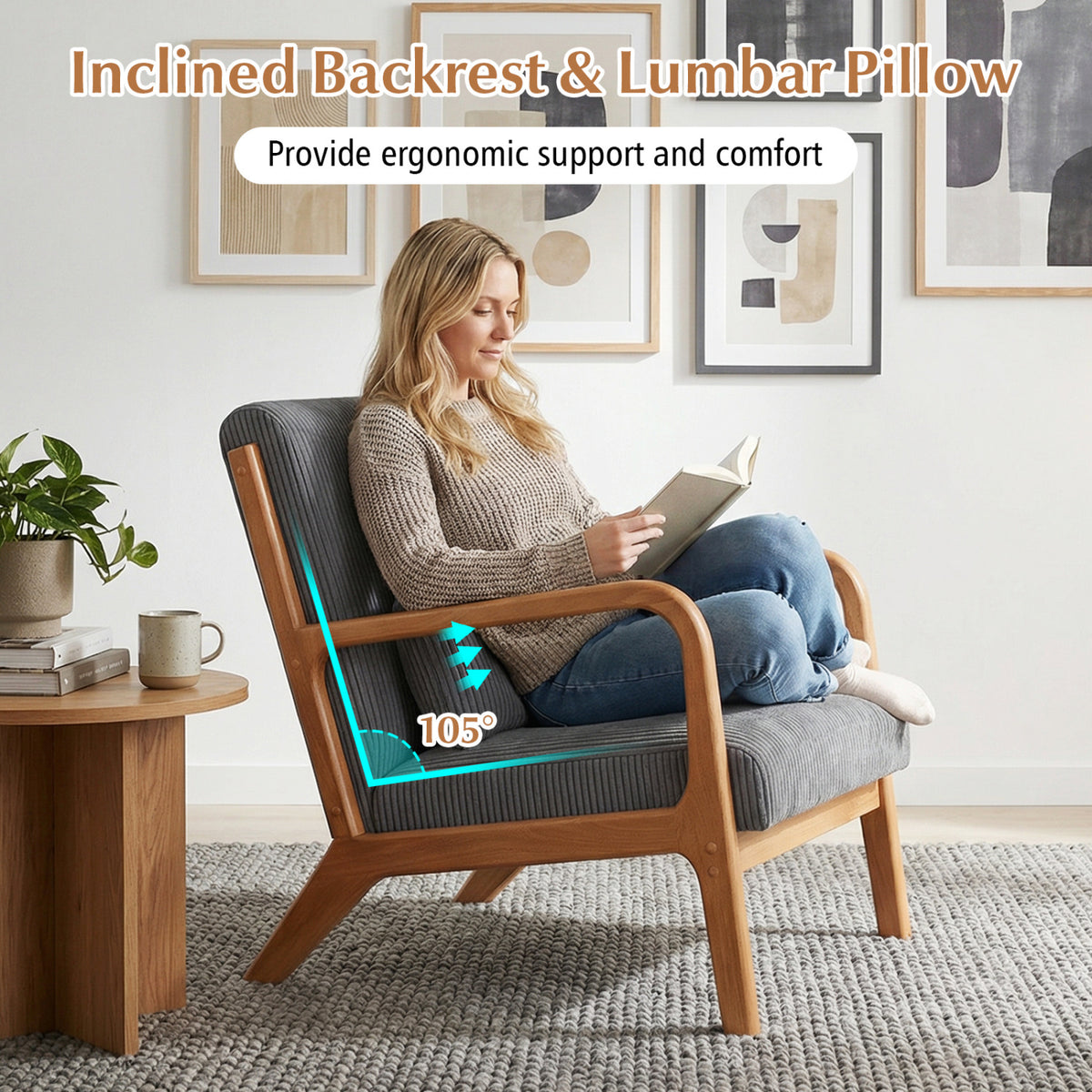 Accent Chair Corduroy Upholstered Lounge Chair with Lumbar Pillow, Gray Accent Chairs at Gallery Canada