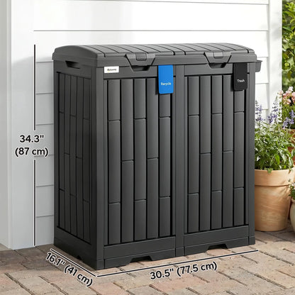 58 Gallon Double Outdoor Garbage Bin, Dual Lid, Plastic Waste Trash Can, Black Garden Accessories at Gallery Canada