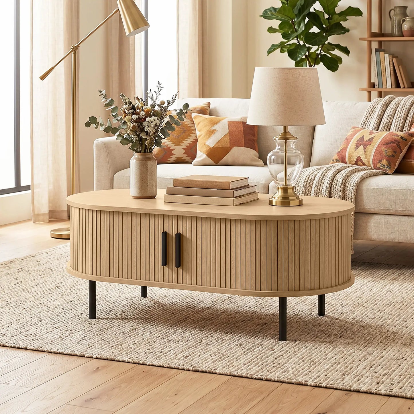 Coffee Table with Sliding Tambour Doors and Storage Center Table with Metal Legs, 39", Natural Coffee Tables at Gallery Canada