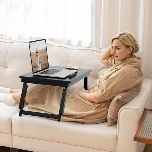 Adjustable Bamboo Laptop Desk, Tilting Top, Drawer, Brown