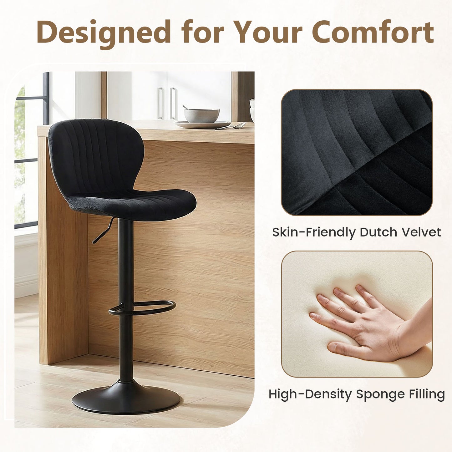 Adjustable Counter Height Chairs Set of 4 with Velvet Upholstered Backrests, Black Bar Stools at Gallery Canada
