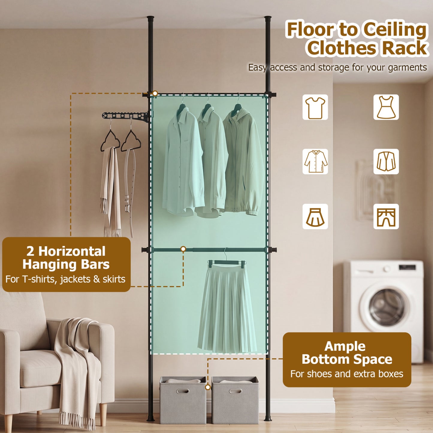 Adjustable Floor-to-Ceiling Clothes Rack with 2 Hanging Rods, Black Coat Racks & Hall Trees at Gallery Canada