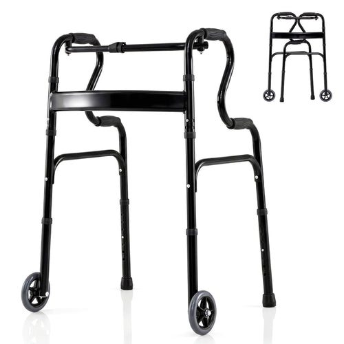 Adjustable Heavy Duty Folding Walker, Unidirectional Wheels, Bi Level Armrests, Black