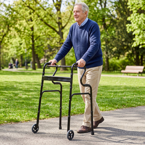 Adjustable Heavy Duty Folding Walker, Unidirectional Wheels, Bi Level Armrests, Black