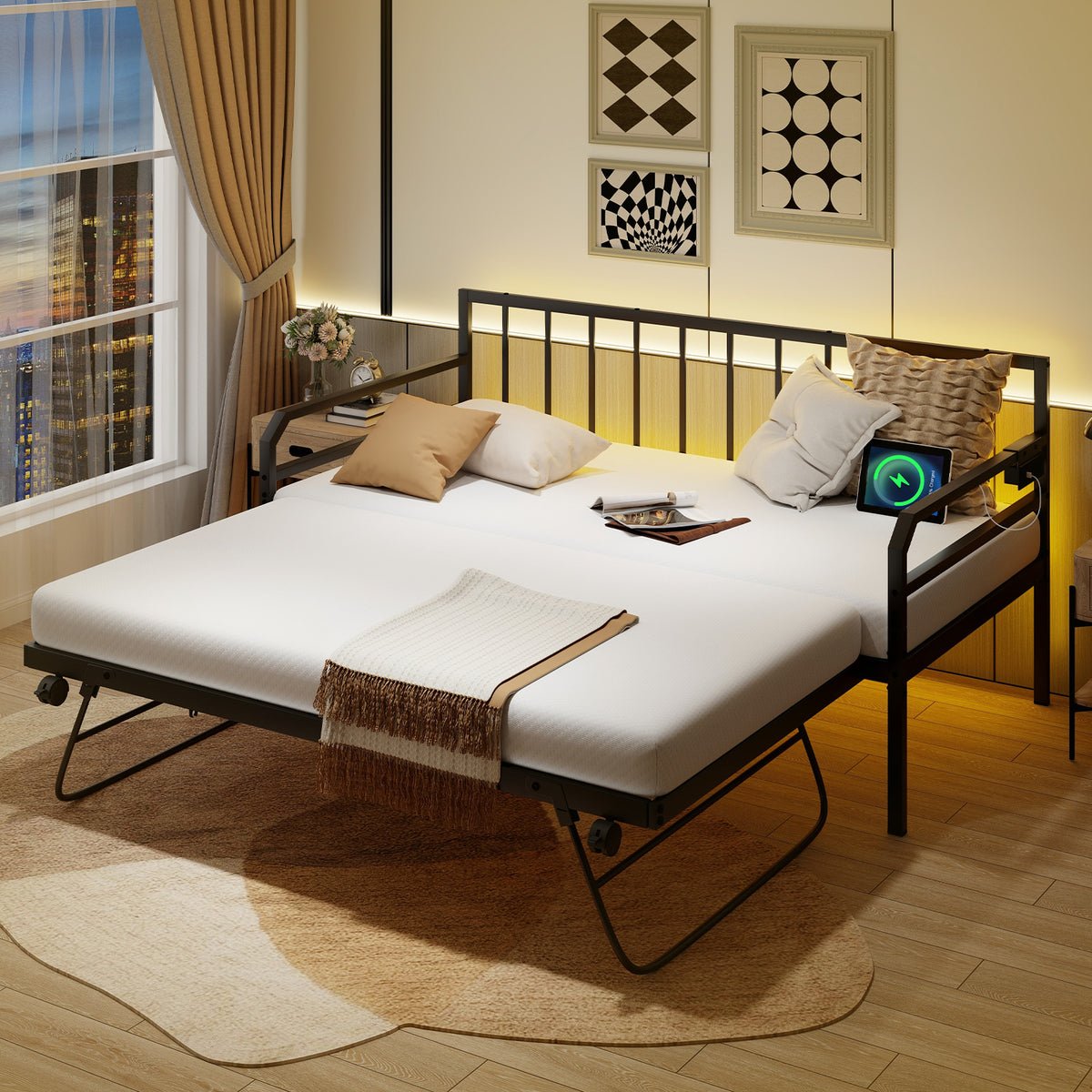 Adjustable Metal Twin Size Daybed With Charging Station, LED Light, Black Trundle Bed Frame at Gallery Canada