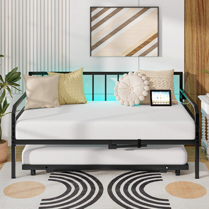 Adjustable Metal Twin Size Daybed With Charging Station, LED Light, Black Trundle Bed Frame at Gallery Canada