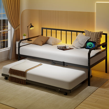Adjustable Metal Twin Size Daybed With Charging Station, LED Light, Black Trundle Bed Frame at Gallery Canada