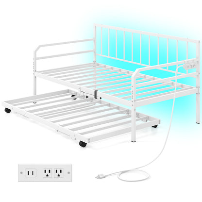 Adjustable Metal Twin Size Daybed With Charging Station, LED Light, White Trundle Bed Frame at Gallery Canada