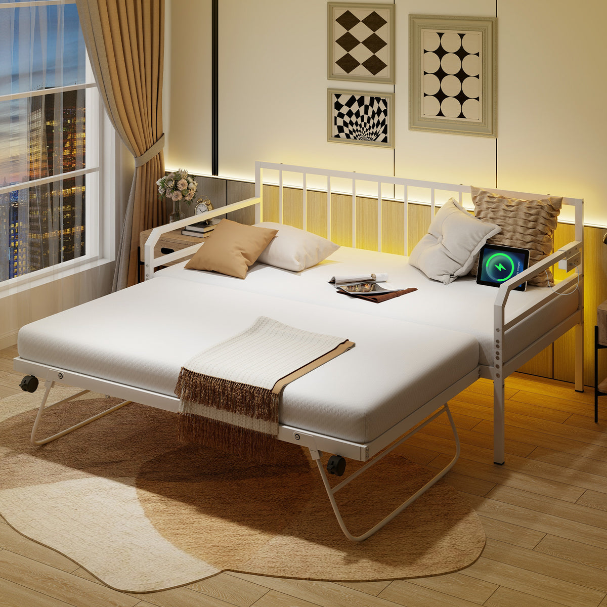Adjustable Metal Twin Size Daybed With Charging Station, LED Light, White Trundle Bed Frame at Gallery Canada