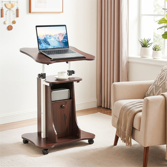 Adjustable Mobile Standing Desk Cart with Tilt Desktop and Cabinet, Brown Laptop Tables & Printer Stands Brown at Gallery Canada