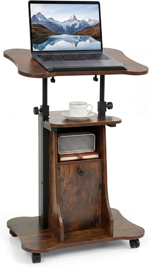 Adjustable Mobile Standing Desk Cart with Tilt Desktop and Cabinet, Rustic Brown