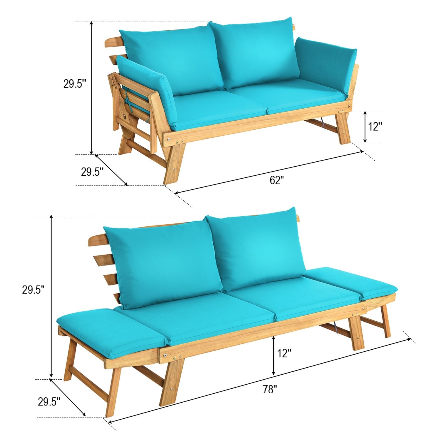 Adjustable Patio Convertible Sofa, Thick Cushion, Turquoise Outdoor Benches at Gallery Canada