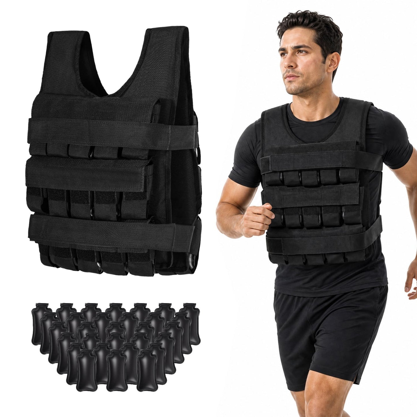 Gilet lesté réglable, poids en fer amovibles, noir