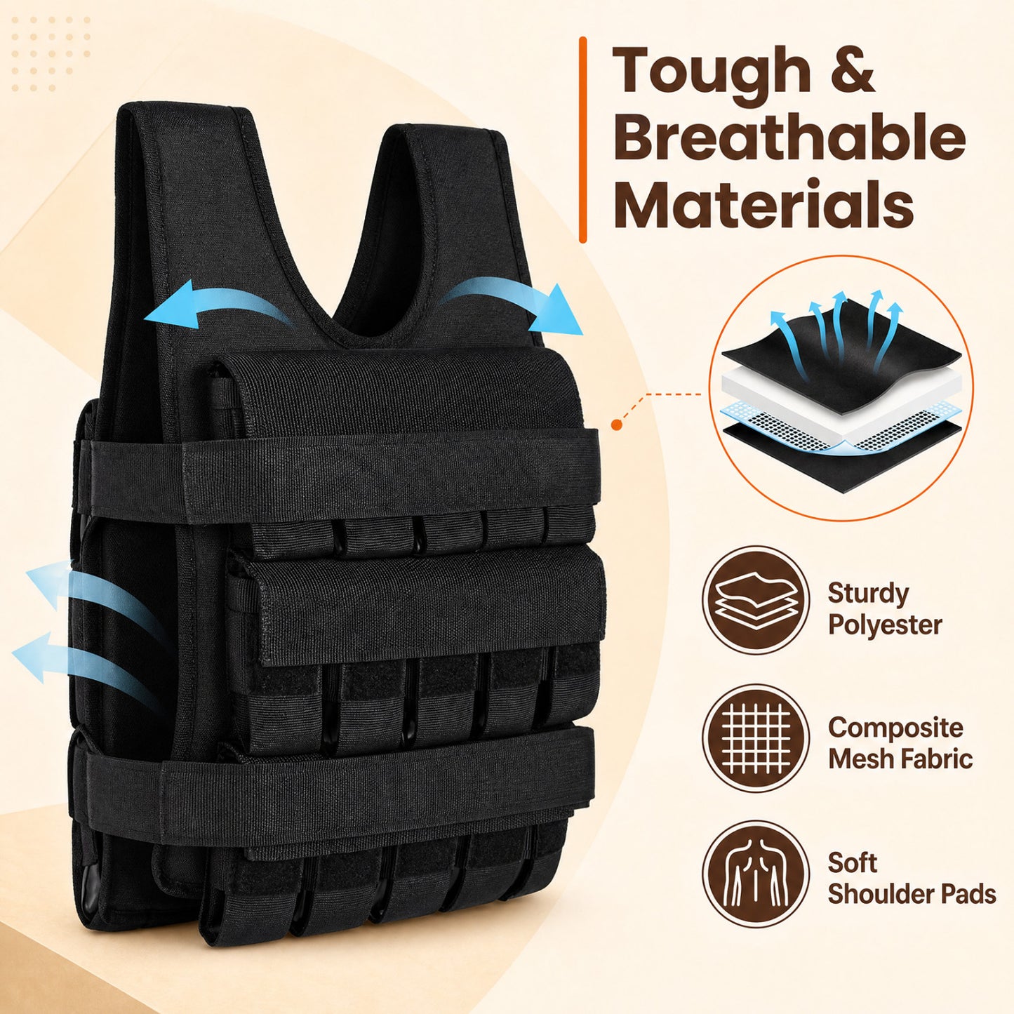 Gilet lesté réglable, poids en fer amovibles, noir