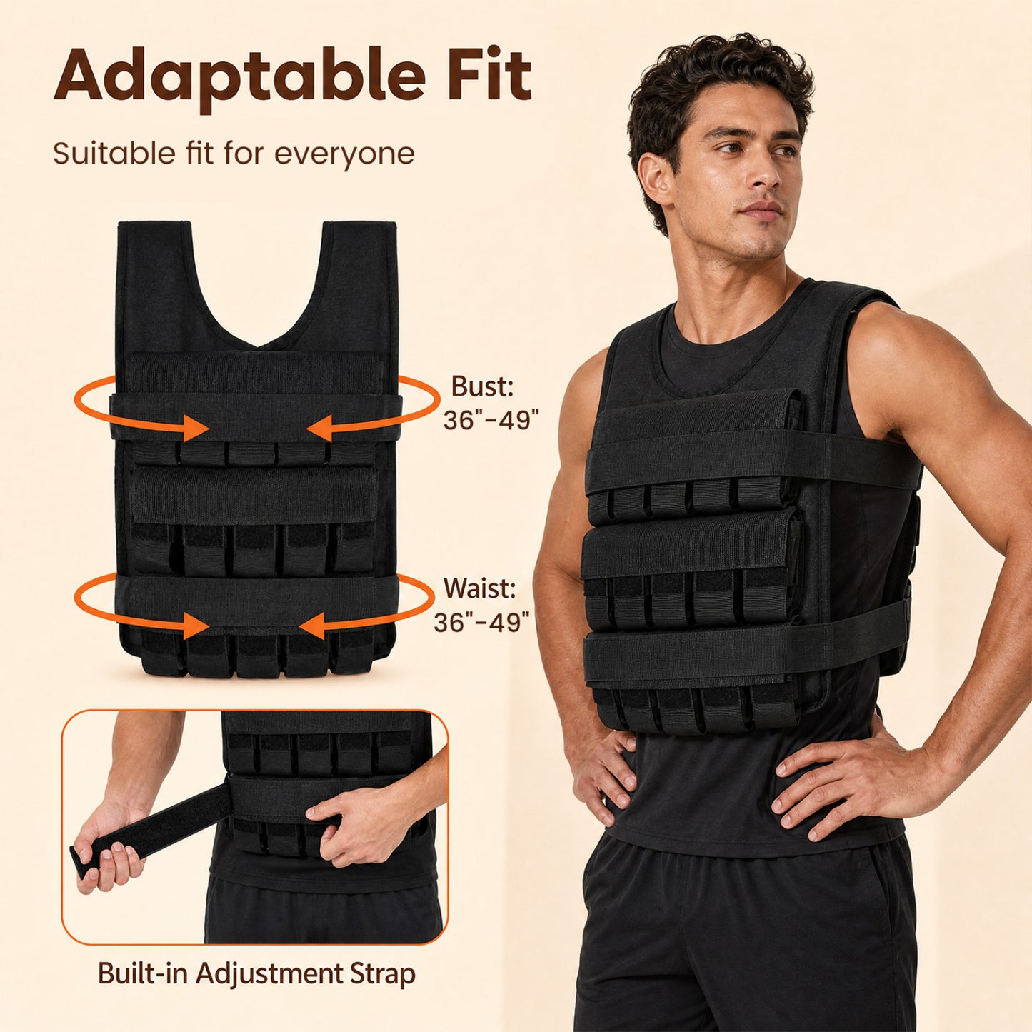 Gilet lesté réglable, poids en fer amovibles, noir