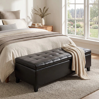 Storage Ottoman Bench, 51 Inches, PU Leather Foot Rest, Black Storage Ottomans & Benches at Gallery Canada