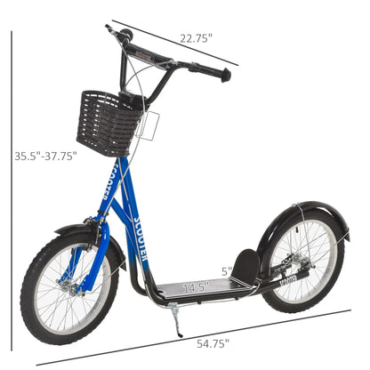 Kids Kick Scooter, Adjustable Handlebar, 2 Brakes, Basket, Cupholder, 16" Inflatable Tyres, Blue Scooters at Gallery Canada
