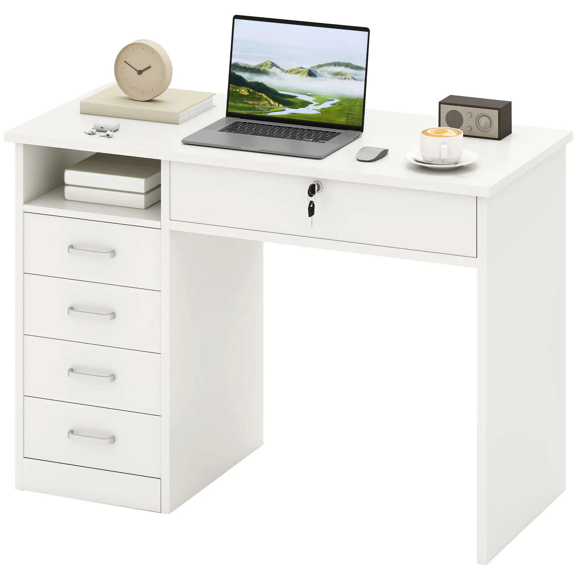 Home Office Desk with Storage, Lockable Drawer, White Computer Desks White at Gallery Canada