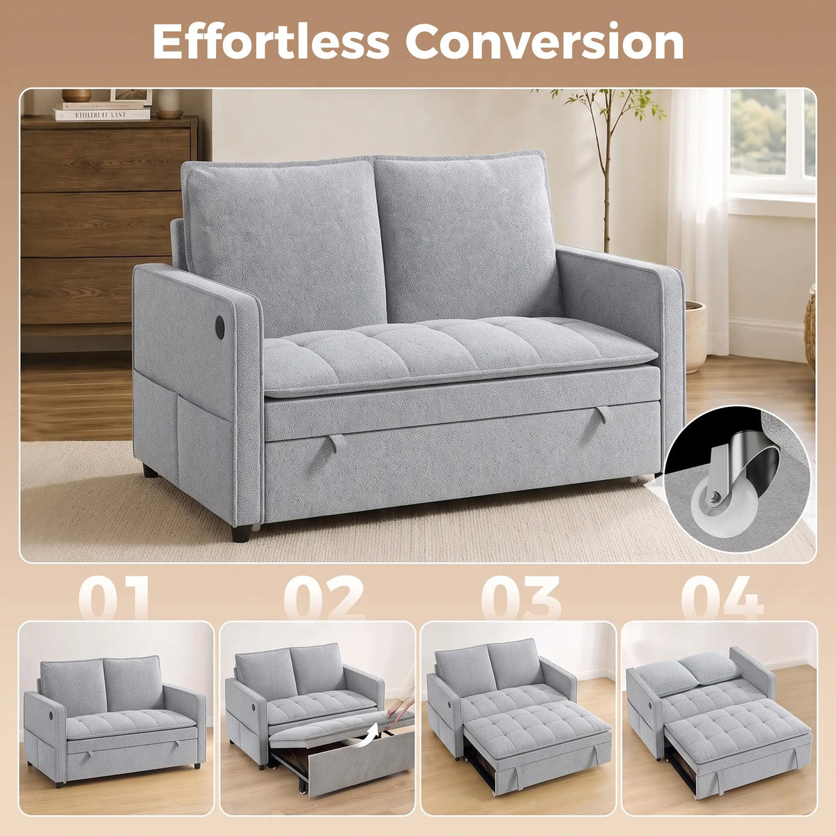 51" Velvet Pull Out Sofa Bed, USB Ports, Grey Sofa Bed at Gallery Canada