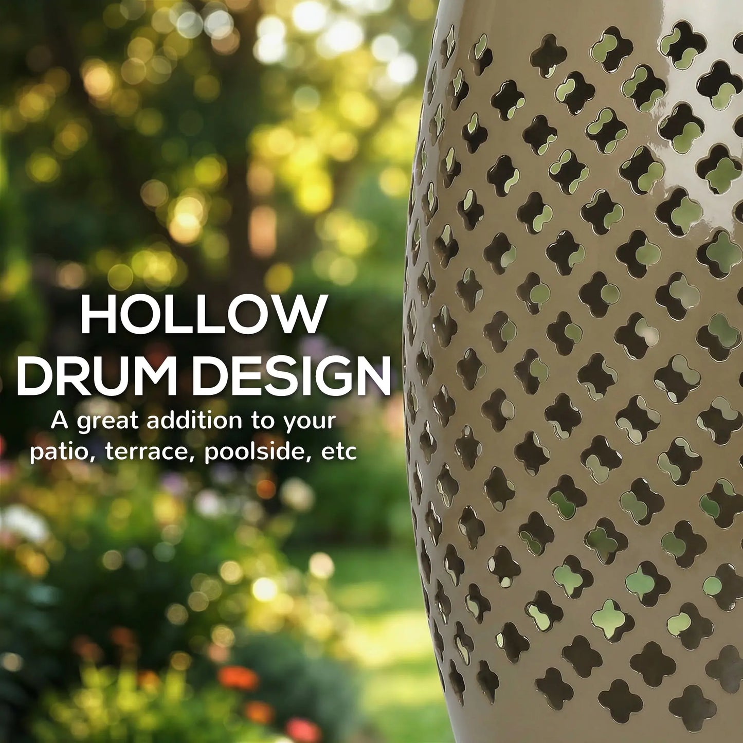 12.4" Steel Patio End Table, Round Hollow Drum Side Table, Khaki Patio Side Tables at Gallery Canada