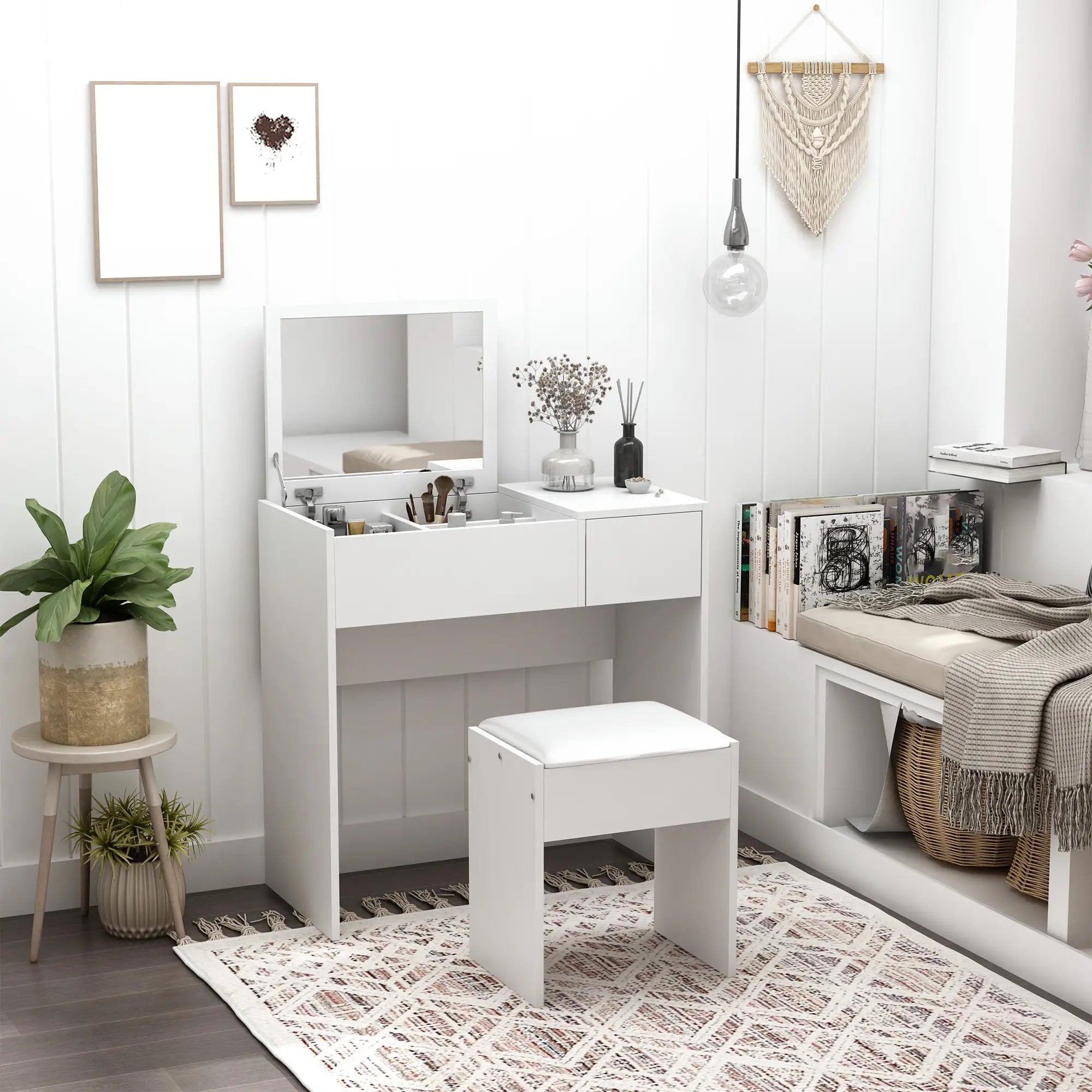 Modern Vanity Set, Flip Top Mirror, Cushioned Stool, Storage Drawer, White Dressing & Vanity Tables at Gallery Canada