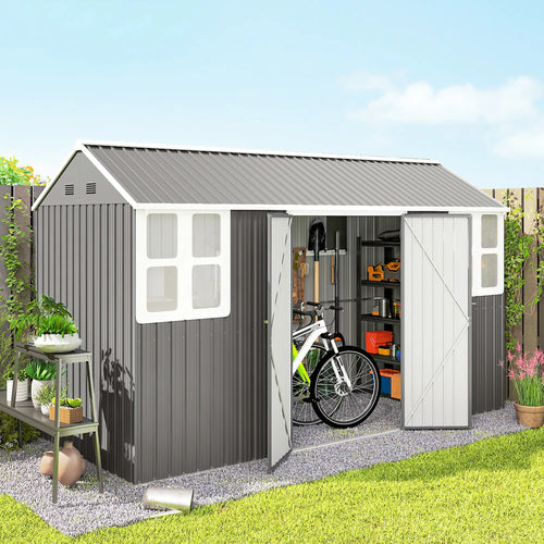 12' x 5.5' Metal Garden Storage Shed, Lockable Door, Light Grey