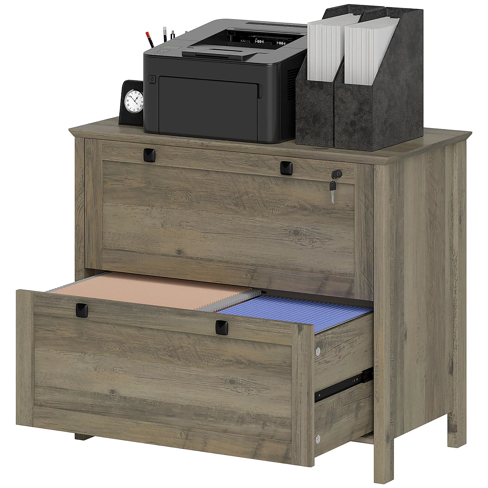 2 Drawer File Cabinet, Lockable, Adjustable Hanging Bar, Letter, A4 Size, Weathered Grey Oak Office Cabinets & Cupboards at Gallery Canada