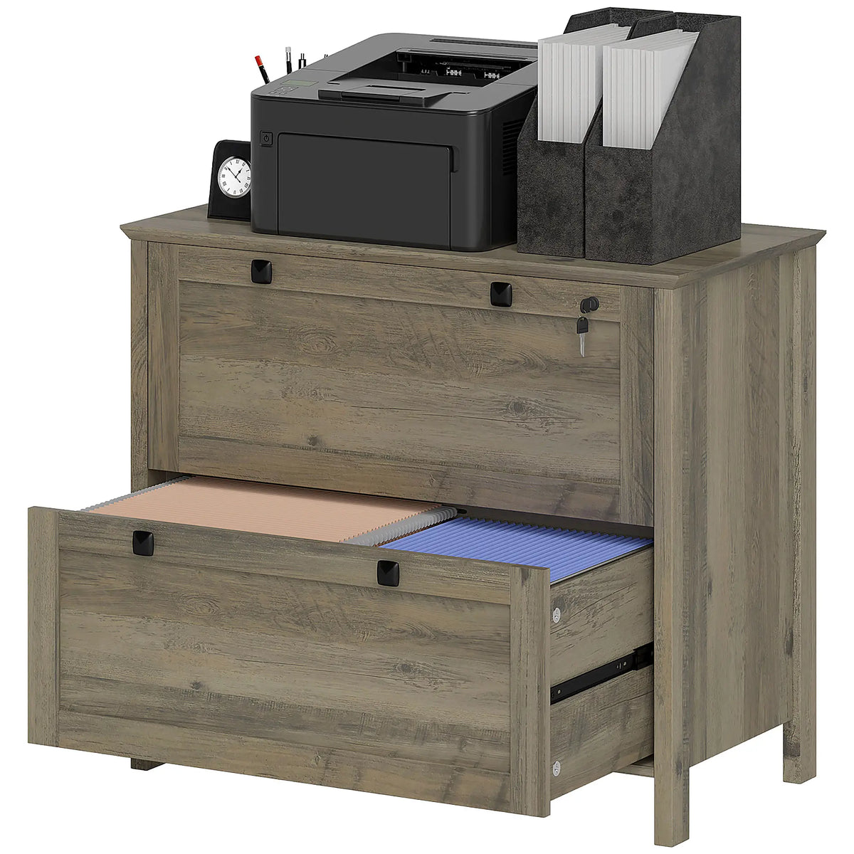 2 Drawer File Cabinet, Lockable, Adjustable Hanging Bar, Letter, A4 Size, Weathered Grey Oak Office Cabinets & Cupboards at Gallery Canada