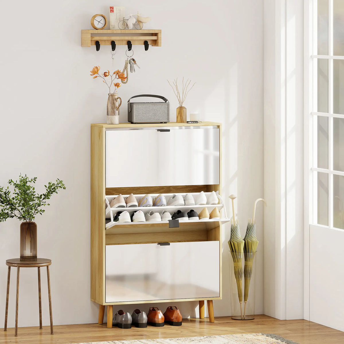Narrow Shoe Cabinet, 3 Flip Drawers, Adjustable Shelves, Holds 24 Pairs, White Shoe Storage Cabinets & Racks at Gallery Canada
