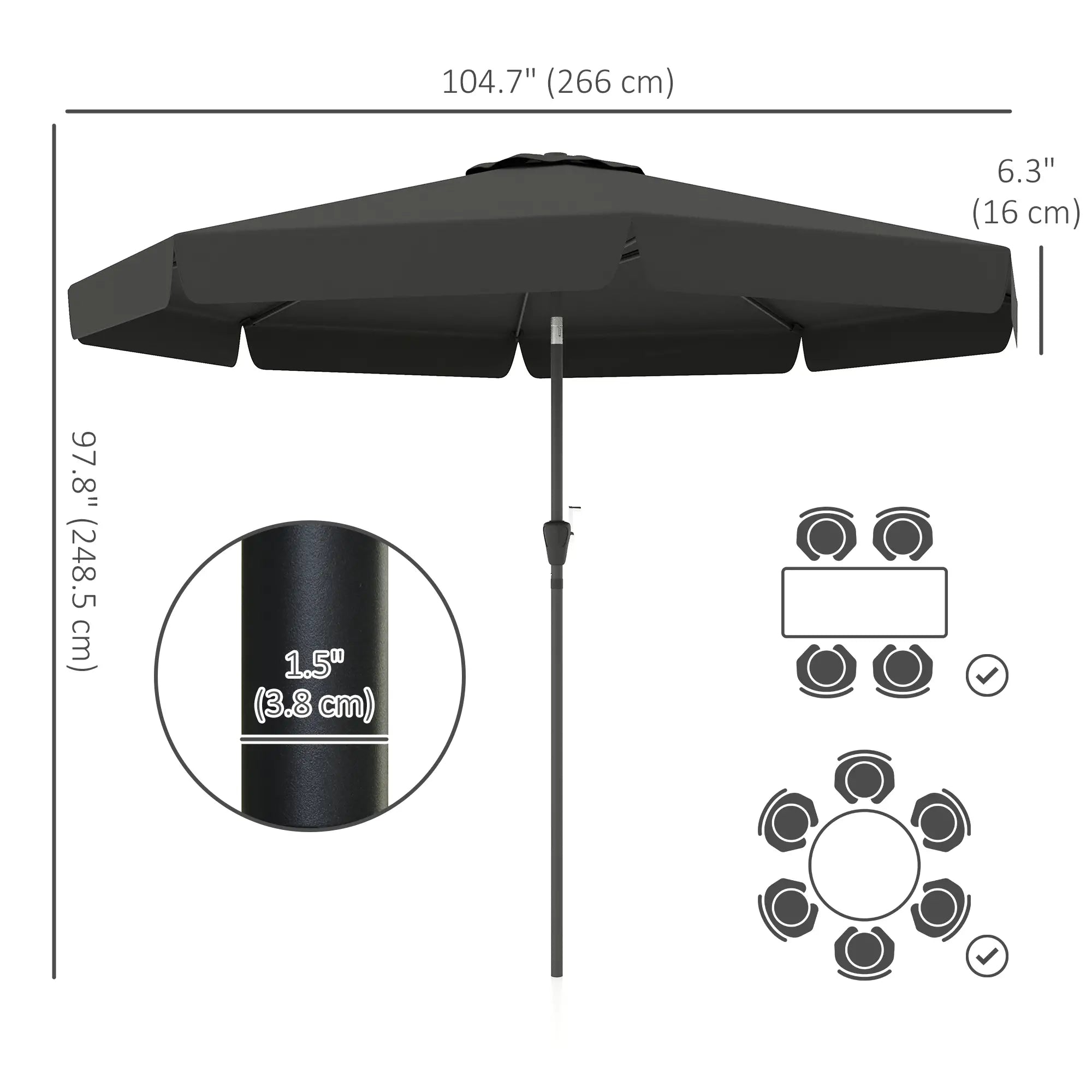 8.5 ft Round Patio Umbrella, Tilt and Crank, Black Sun Umbrellas at Gallery Canada