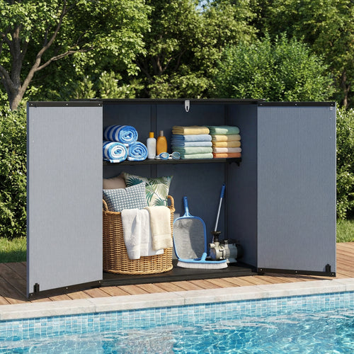 All-Weather Storage Box with Floor and Removable Shelf for Patio and Lawn, Gray