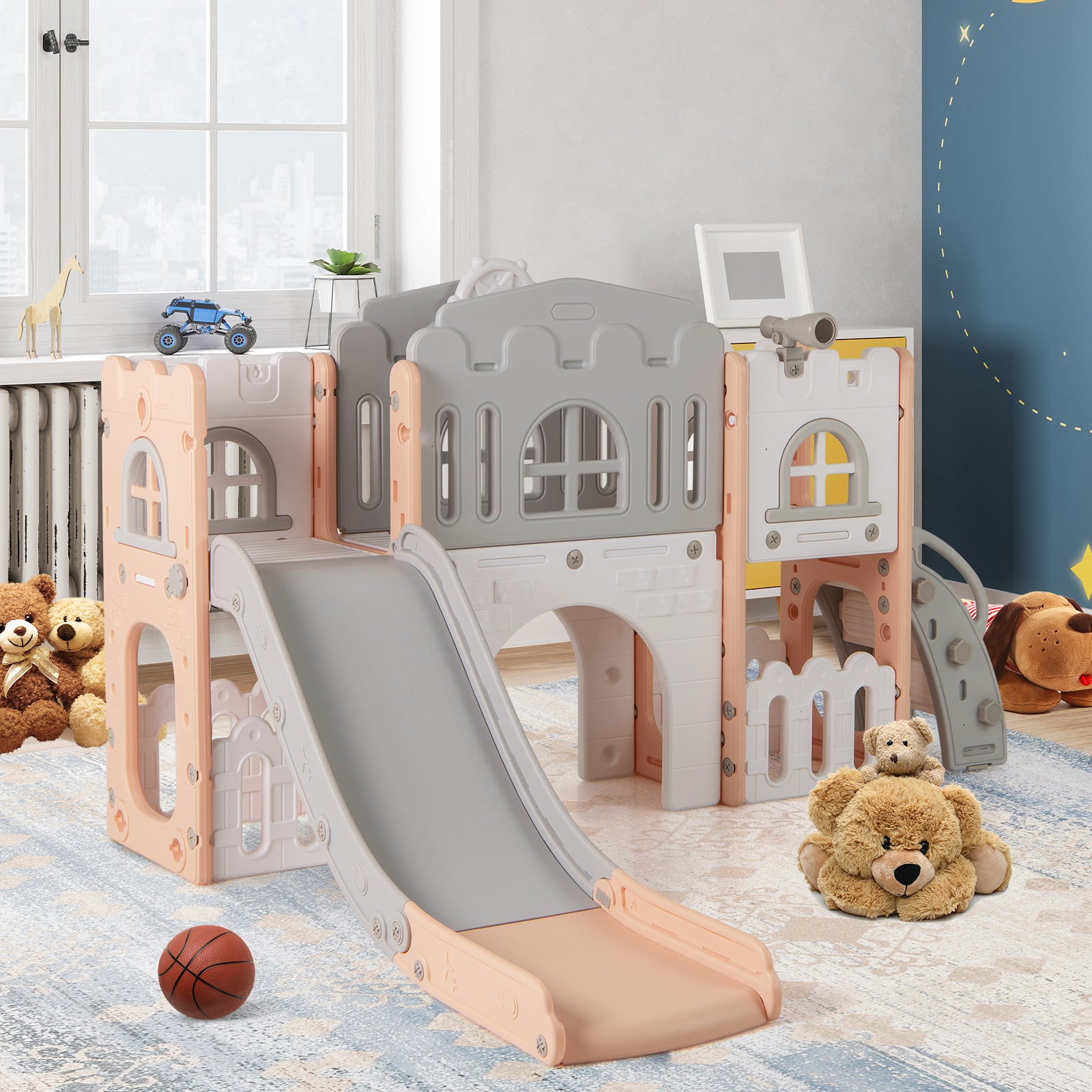 All-in-1 Toddler Slide Playset Playground with Tunnel and Ladder and Basketball, Pink Climbers & Slides at Gallery Canada