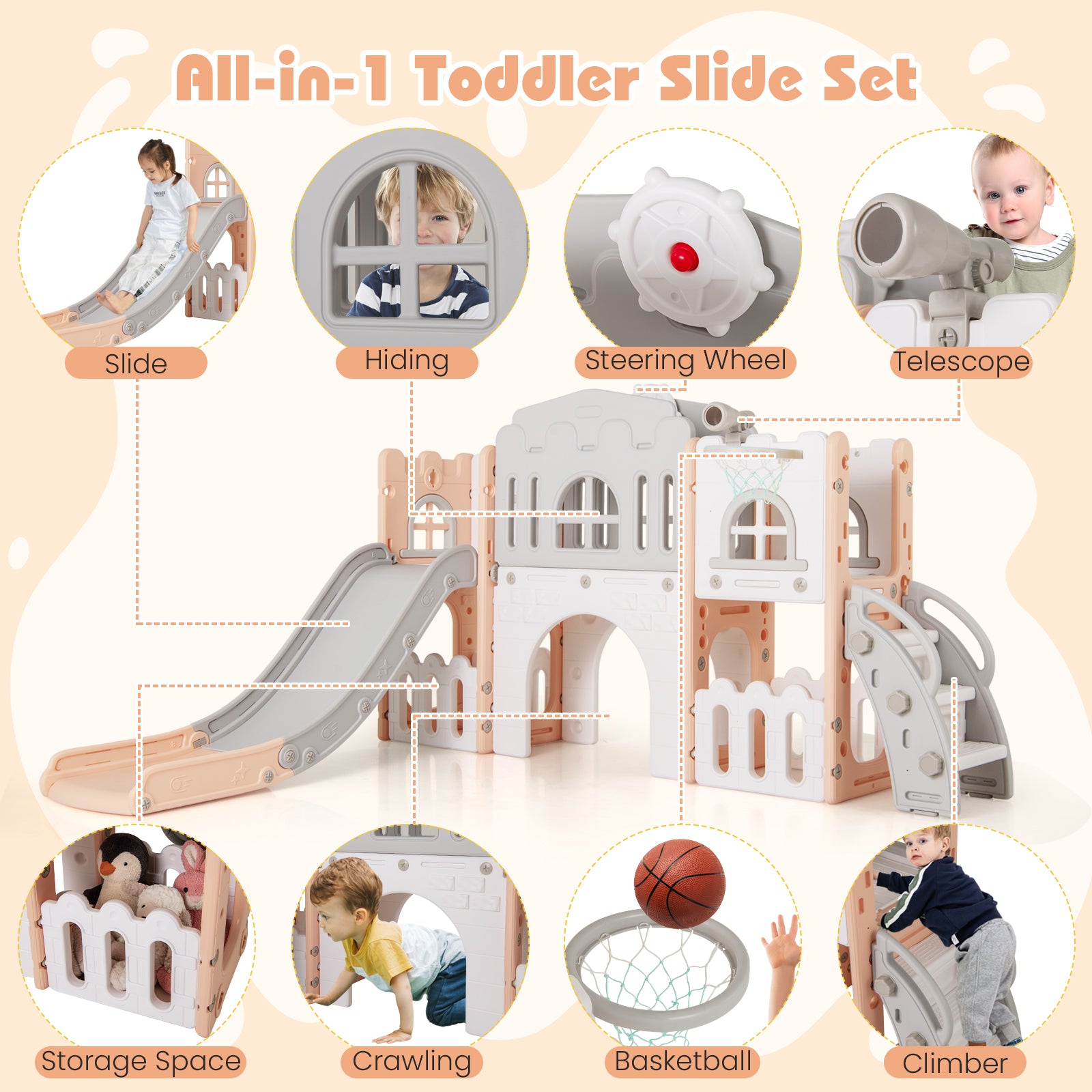 All-in-1 Toddler Slide Playset Playground with Tunnel and Ladder and Basketball, Pink Climbers & Slides at Gallery Canada