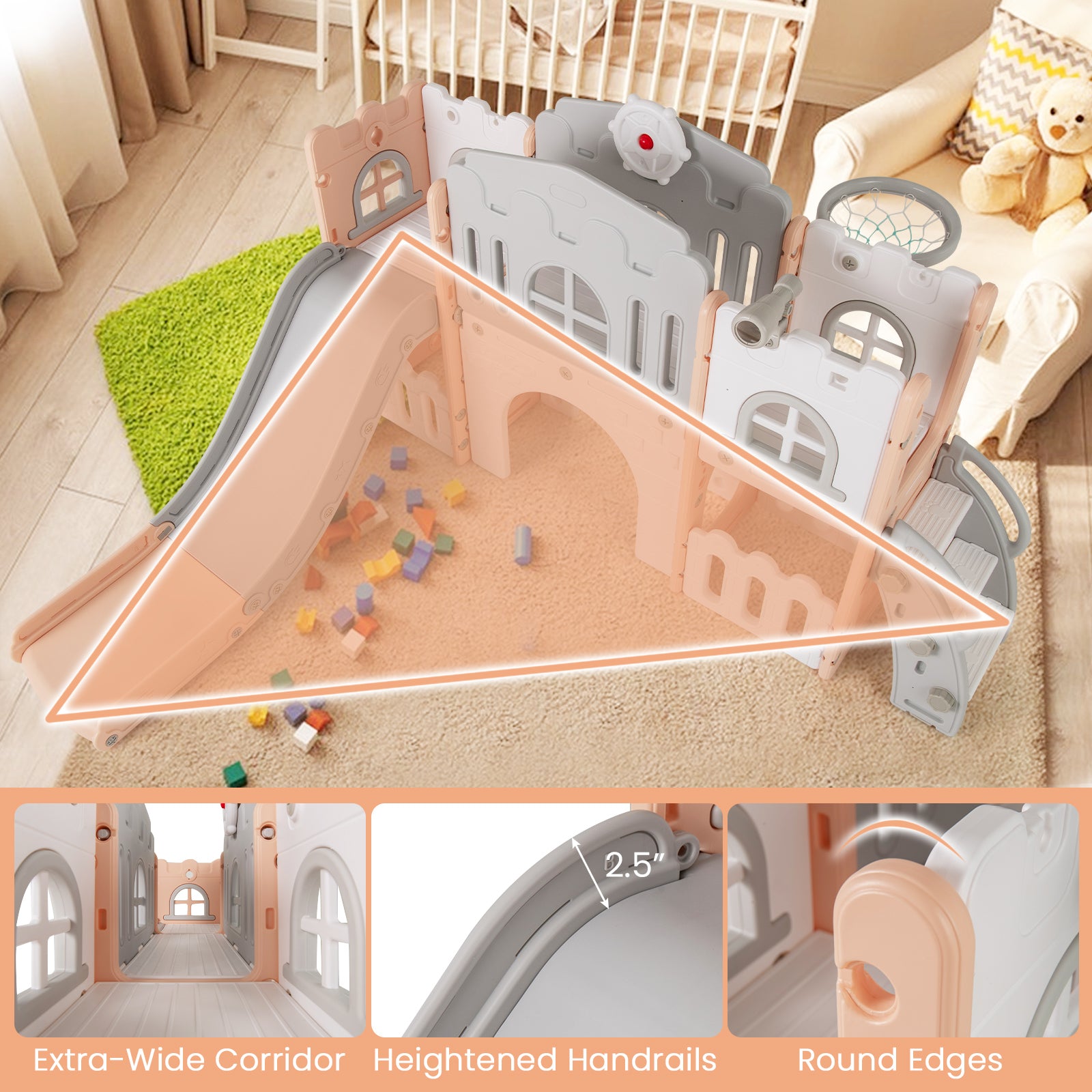 All-in-1 Toddler Slide Playset Playground with Tunnel and Ladder and Basketball, Pink Climbers & Slides at Gallery Canada