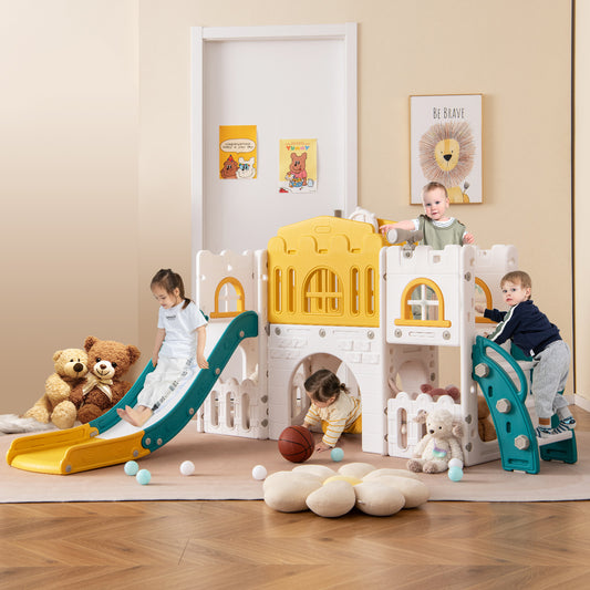 All-in-1 Toddler Slide Playset Playground with Tunnel and Ladder and Basketball, Yellow Climbers & Slides Yellow at Gallery Canada