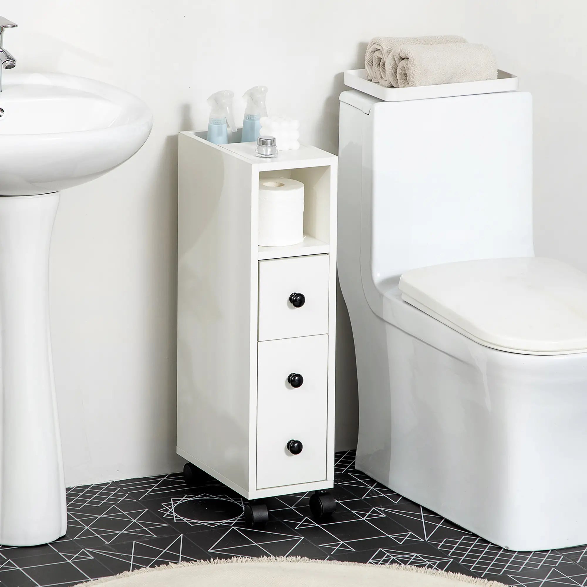 Slim Bathroom Cabinet with Wheels, Door, Drawer, 2 Compartments, White Bathroom Cabinets at Gallery Canada