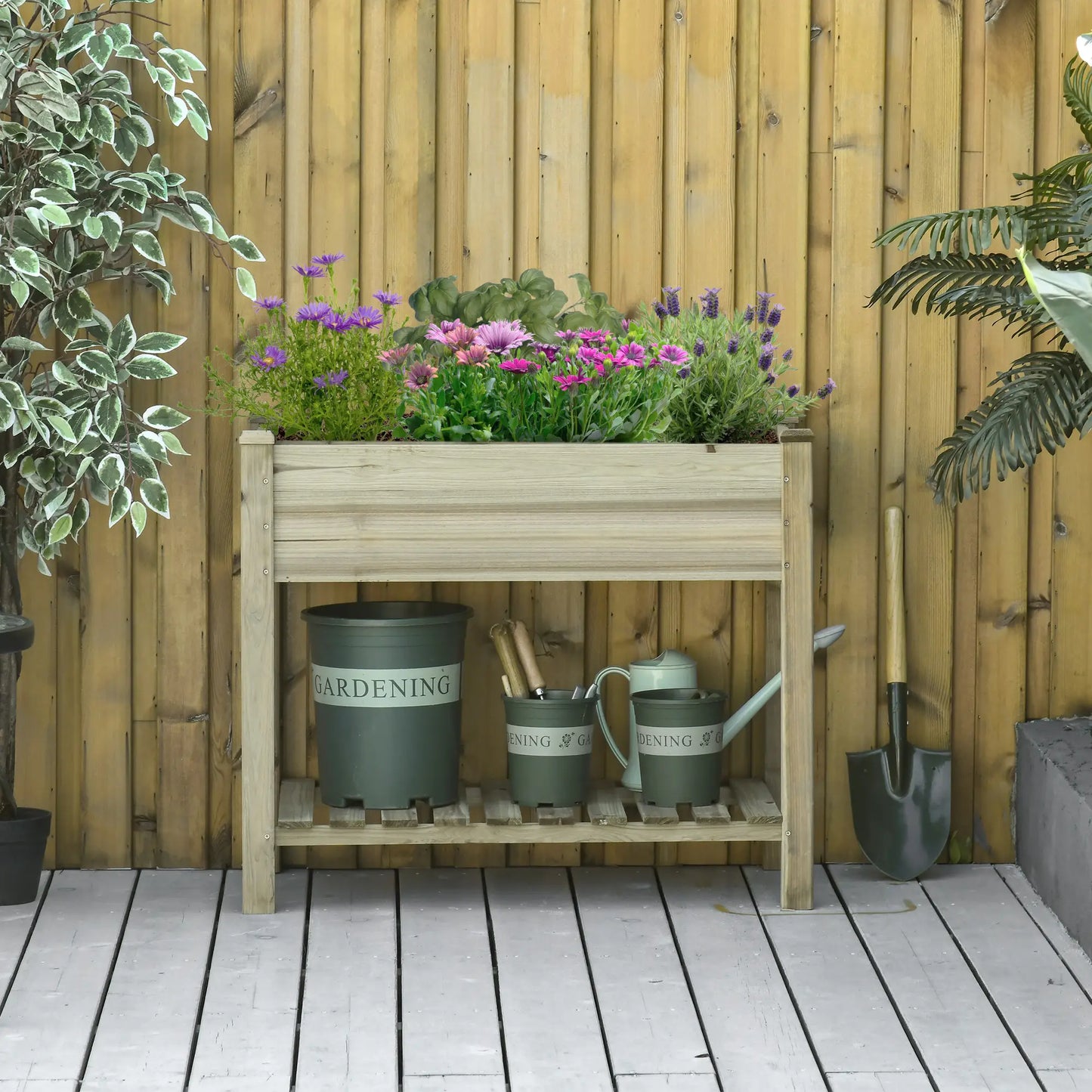 Elevated Wooden Planter Box With Legs And Storage Shelf, Green Elevated Garden Beds at Gallery Canada