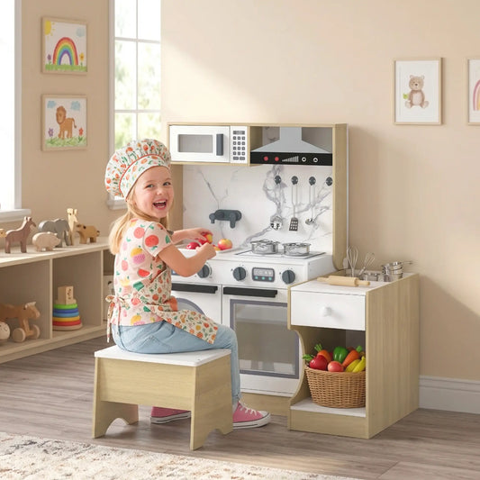 2-In-1 Kids Kitchen Playset, Table & Chair with Sink, Oven, Microwave, 3-8 Play Kitchen Wood Grain, Silver, Grey, Black, White at Gallery Canada