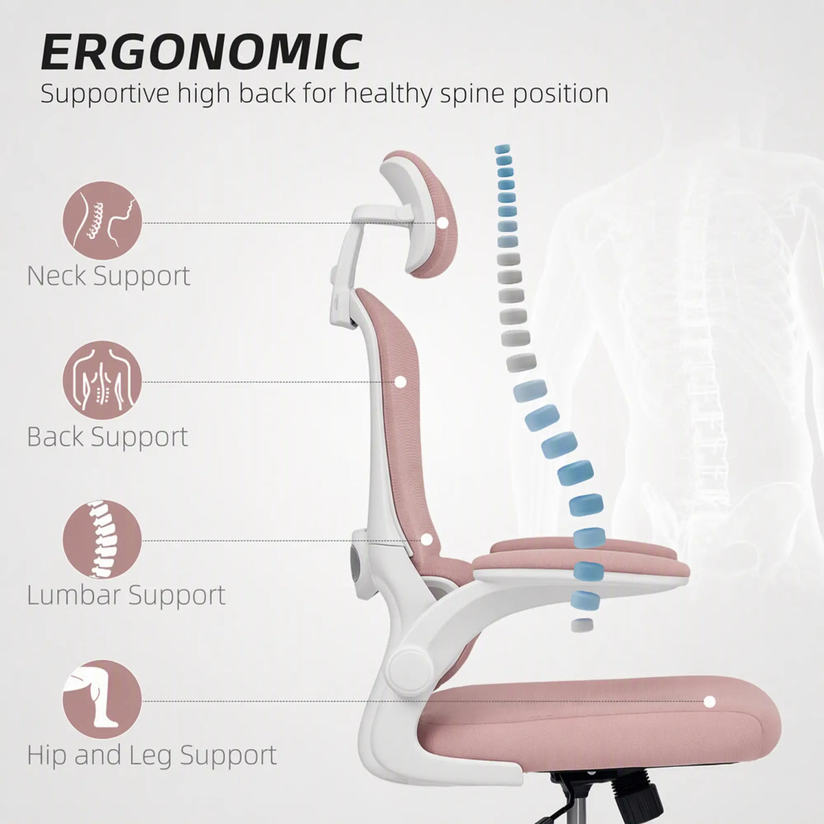 Ergonomic Mesh Office Chair, High Back, Rotatable Headrest, Flip-Up Armrests, Lumbar Support, Pink Task Chairs at Gallery Canada