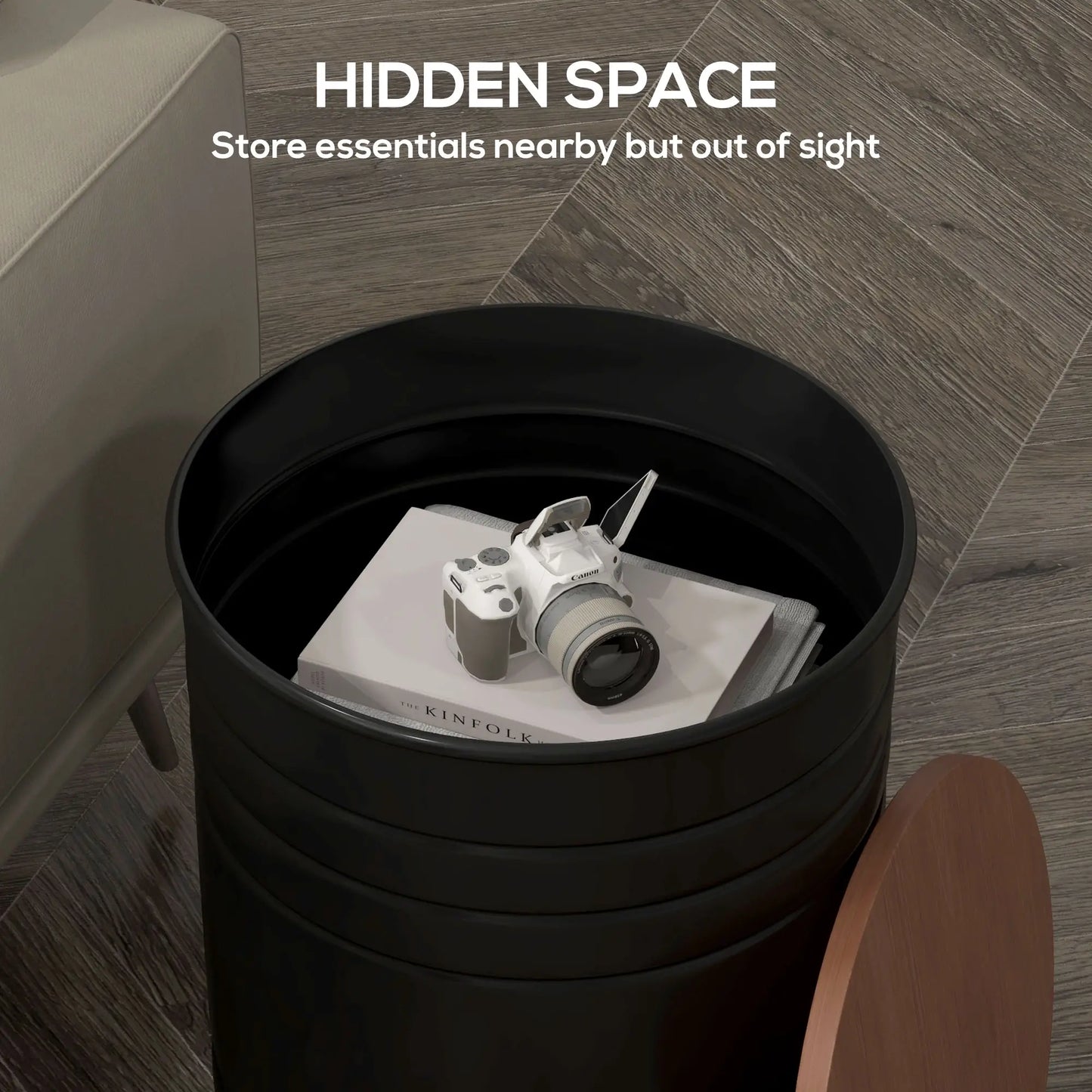 Round Side Table Set of 2, Nesting Coffee Tables, Wooden Lid, Metal Frame, Black Side Tables at Gallery Canada